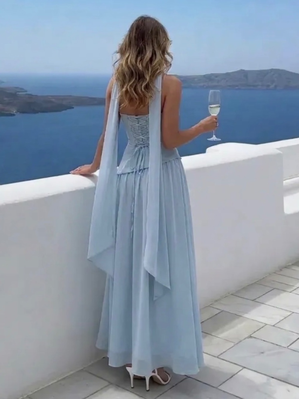 NWT BLUE CHIFFON SCULPTURAL BUSTIER LACE UP MAXI DRESS WITH SCARF S